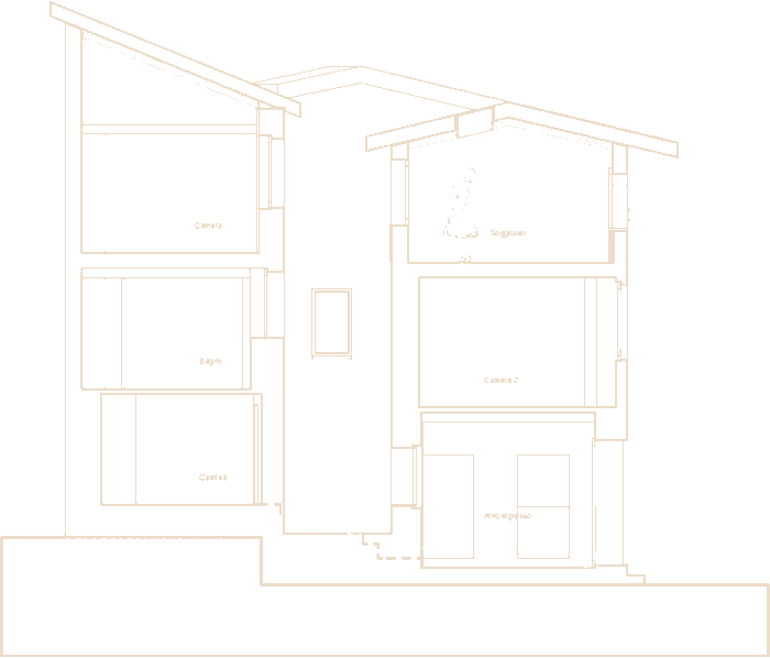 Sezione della casa: cantina, atrio e cucina in basso, camere e bagno al primo piano, soggiorno e suite sotto il tetto